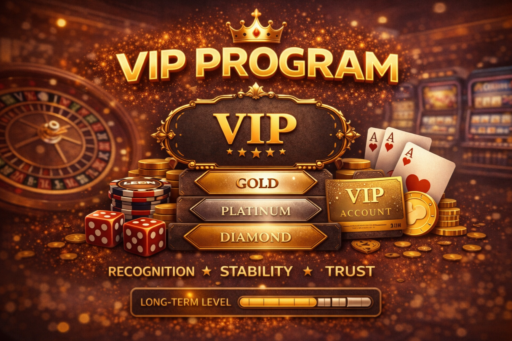 Leon Casino VIP Program illustration showing tiered membership levels (Gold, Platinum, Diamond) with poker chips, cards, dice, and a crown, representing long-term recognition, stability, and trust for Australian players.