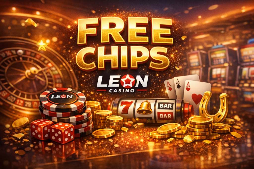 Leon Casino free chips banner showing controlled free-play access, with poker chips, cards, dice, roulette elements, and a clear “Free Chips” headline on a dark casino background for Australian players.
