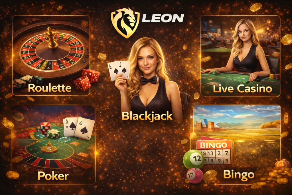 Leon Casino games overview featuring Roulette, Blackjack, Poker, Bingo, and Live Casino, with the Leon logo centered at the top and a dark premium casino background for Australian players.