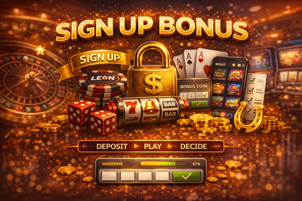 Leon Casino sign up bonus illustration showing a controlled onboarding process with poker chips, cards, dice, and a secure lock symbol, representing structured first deposits, clear rules, and predictable bonus mechanics for Australian players.