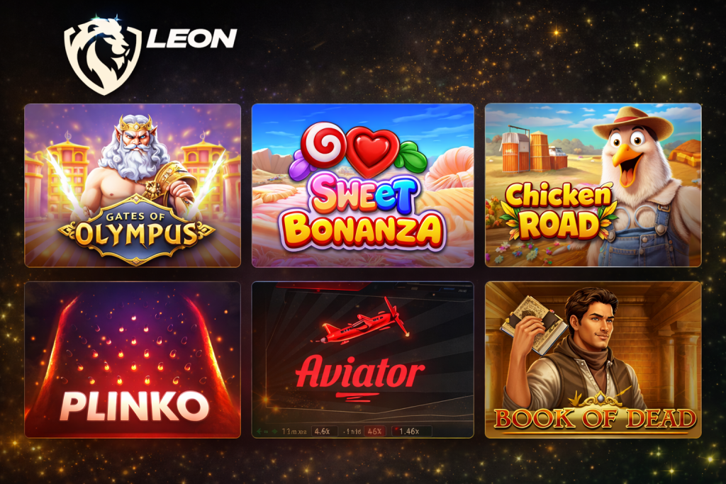 Leon Casino slots selection featuring Gates of Olympus, Sweet Bonanza, Chicken Road, Plinko, Aviator, and Book of Dead on a dark gaming background for Australian players.