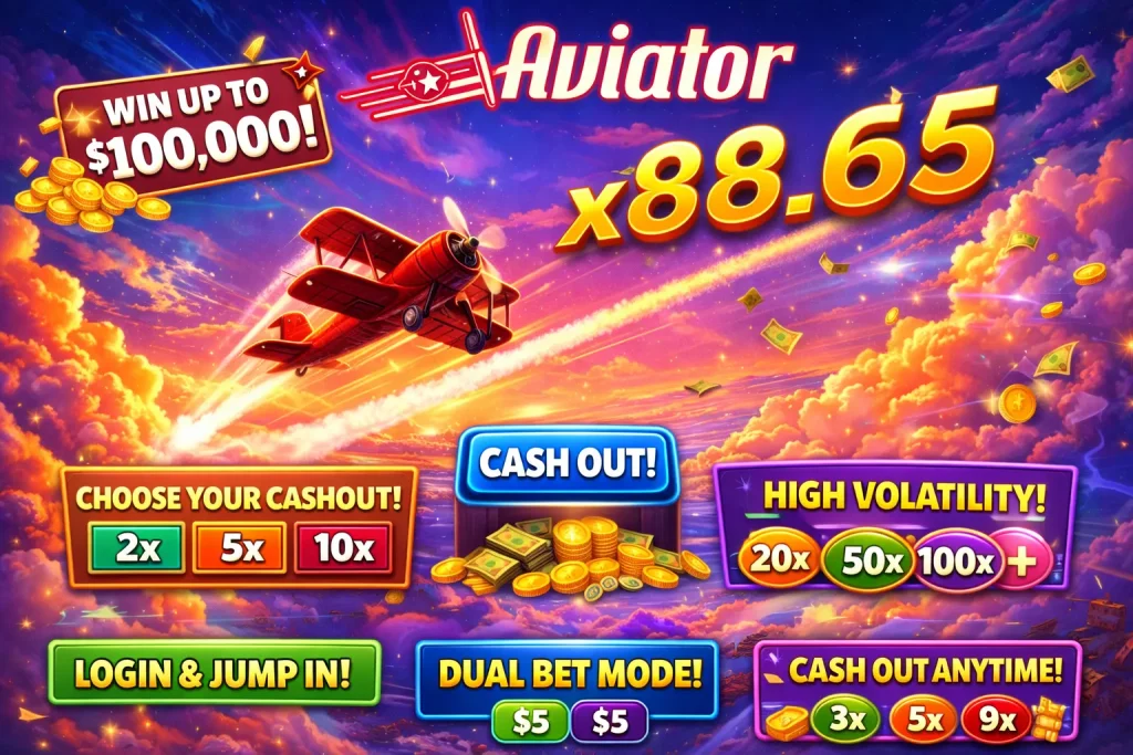 Aviator crash game promotional banner featuring a red airplane flying through a colorful sky with a glowing high multiplier, gold coins and dynamic casino-style design elements.