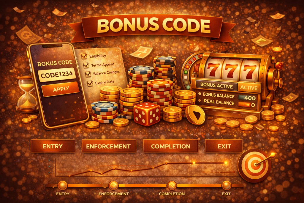 Bonus code system illustration showing code entry on mobile, eligibility checks, bonus balance separation, wagering enforcement, and clean completion flow for Australian players.