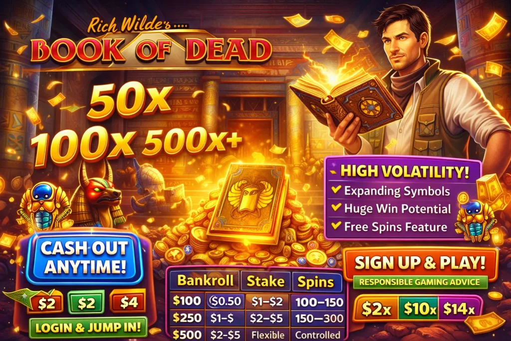Book of Dead online slot promotional banner featuring an Egyptian temple background, glowing golden book, explorer character and high volatility design elements with rich gold tones.