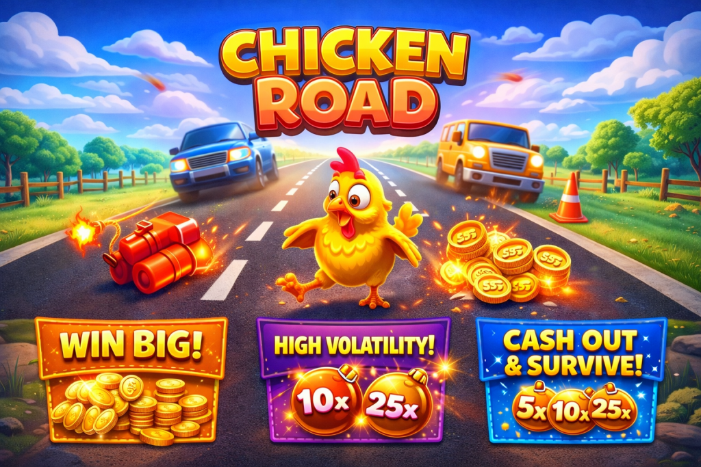 Chicken Road slot promotional banner featuring a cartoon chicken crossing a highway with coins, multipliers, and bold game title in a bright casino style.