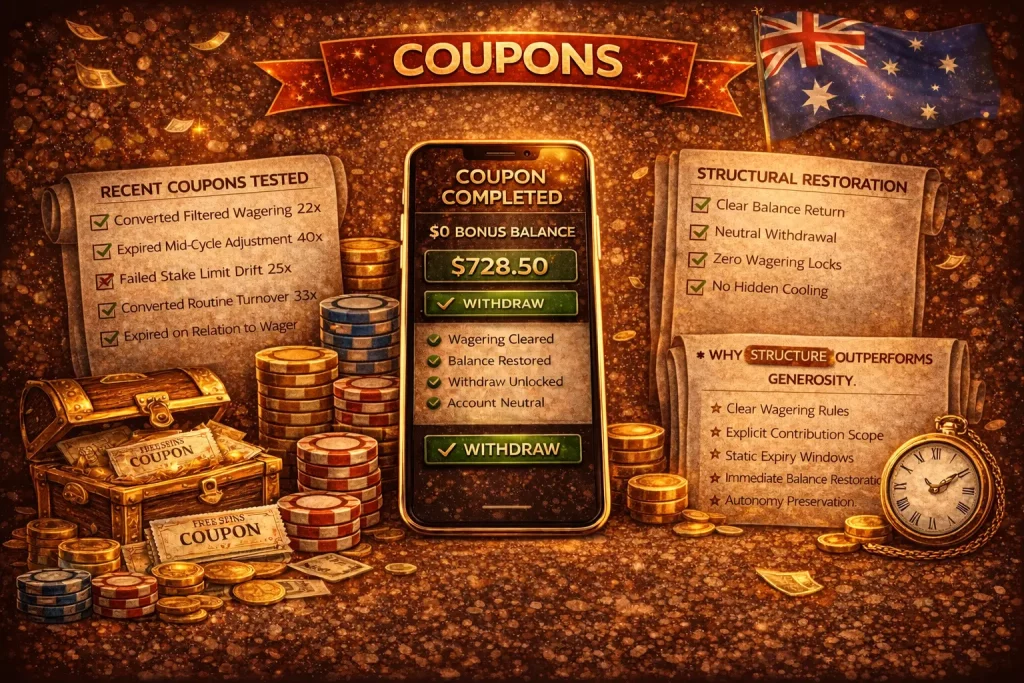 Coupons page banner with a smartphone showing “Coupon Completed”, surrounded by gold coins, poker chips, an Australian flag, and minimal coupon-themed elements in a warm casino style.
