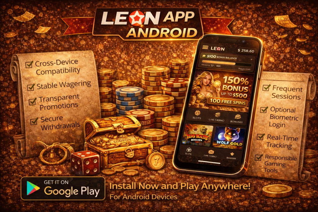 Leon App Android promotional banner featuring a smartphone with casino interface, gold coins, poker chips, and Google Play installation badge in a warm golden casino theme.