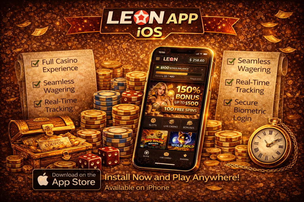 Leon App iOS horizontal banner featuring a smartphone with casino interface, gold coins, poker chips, and warm golden background elements highlighting mobile play in Australia.