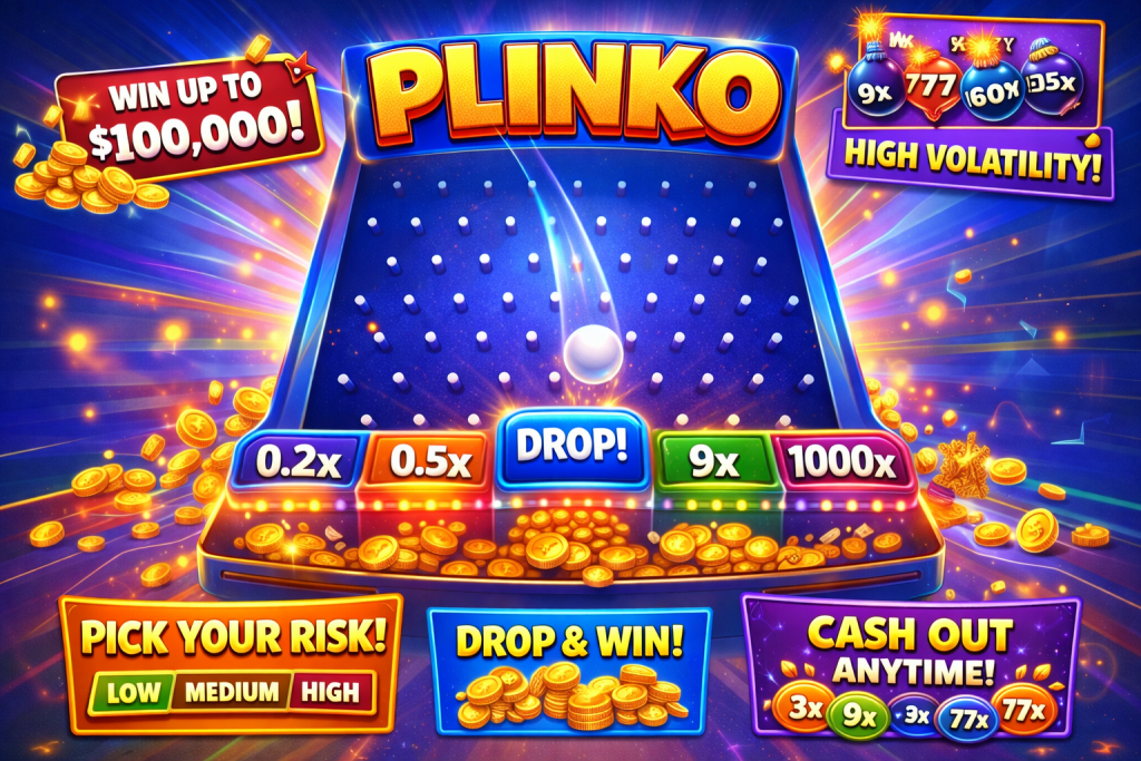 Plinko casino game promotional banner featuring a glowing peg board, falling ball, bright multipliers and gold coins in a vibrant online gaming style.