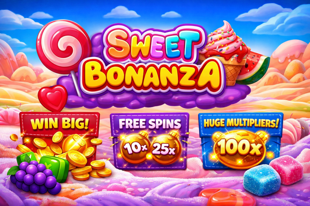 Sweet Bonanza slot promotional banner featuring colorful candy landscape, game logo, gold coins and multiplier symbols in vibrant casino style.