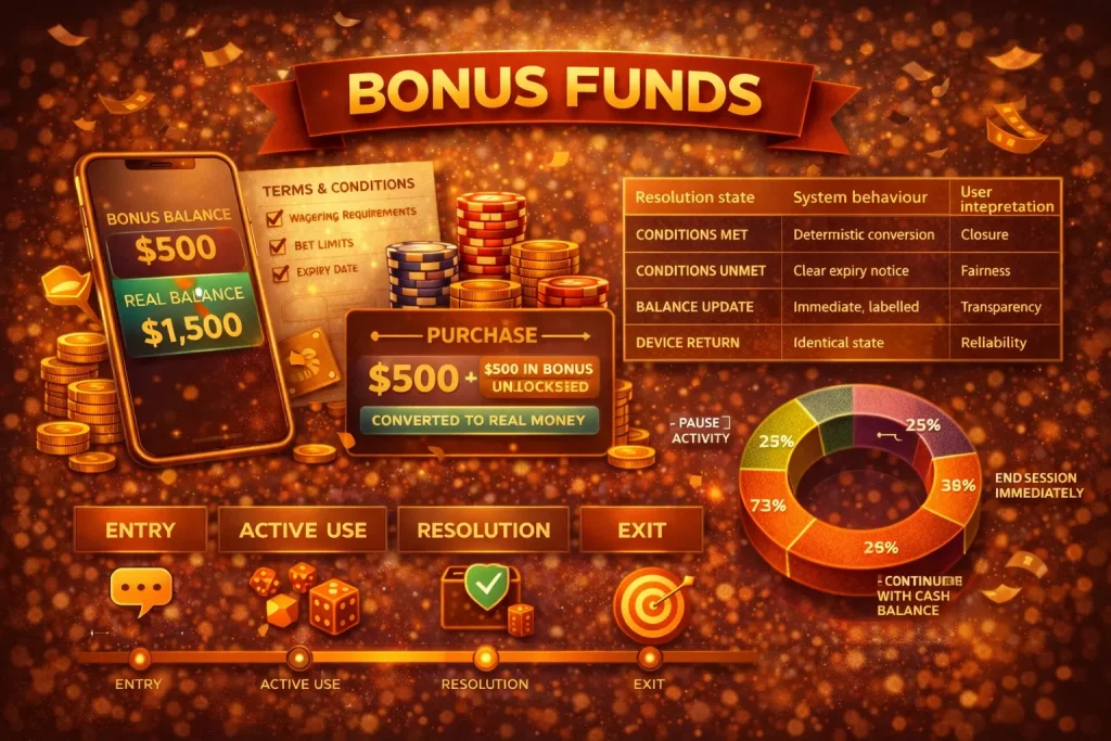 Bonus funds system illustration showing a separate bonus balance, wagering conditions, controlled gameplay flow, balance resolution, and clean exit for Australian online casino players.