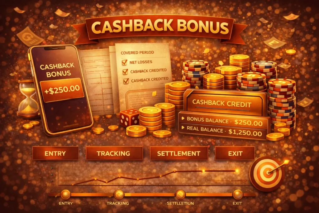 Cashback bonus illustration showing loss tracking, cashback calculation, balance reconciliation, and quiet settlement flow for Australian online casino players.