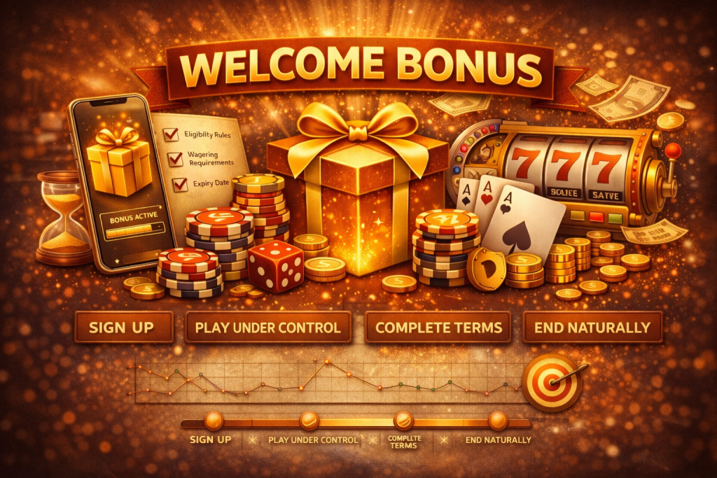 Leon Casino welcome bonus illustration showing a structured onboarding flow with a gift box, poker chips, slot symbols, and clear rule indicators, representing controlled activation, transparent conditions, and predictable bonus behaviour for Australian players.