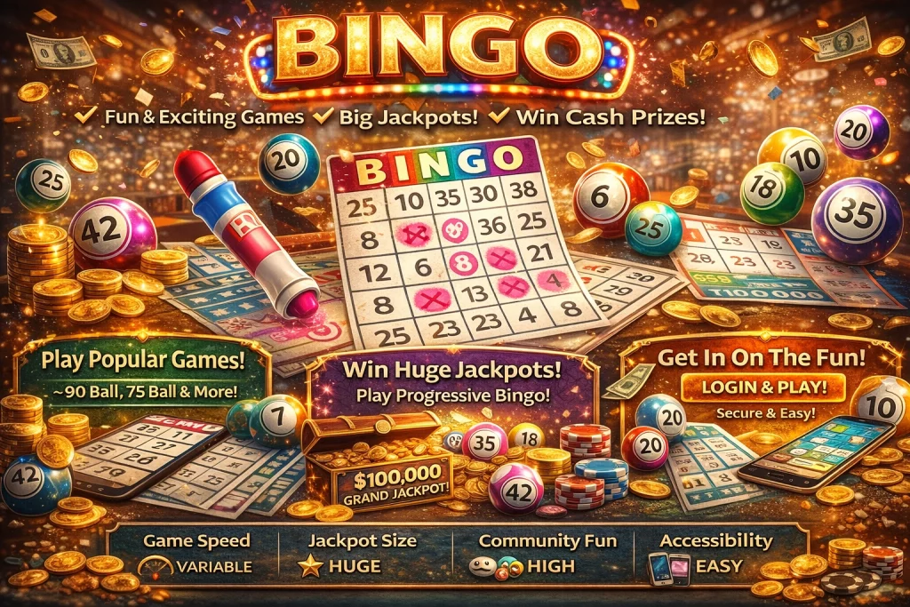 Online bingo promotional banner featuring colorful bingo balls, marked bingo cards, golden coins, and bright “Bingo” headline in a lively casino-themed design.