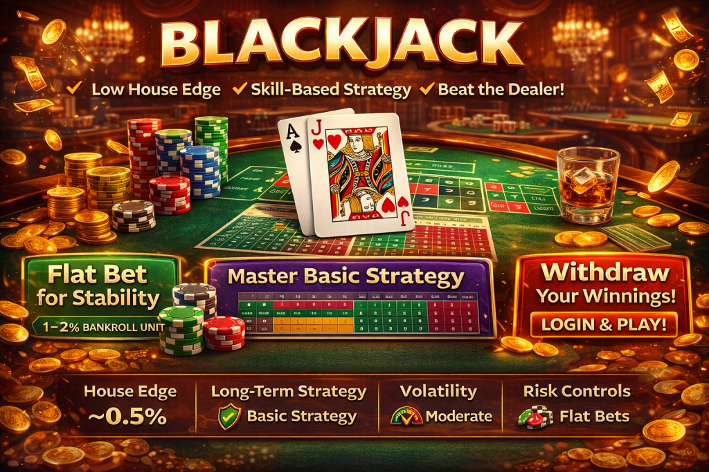 Online blackjack promotional banner featuring a luxury casino table with Ace and Jack cards, stacked chips, warm golden lighting, and bold “Blackjack” headline in a premium gaming atmosphere.