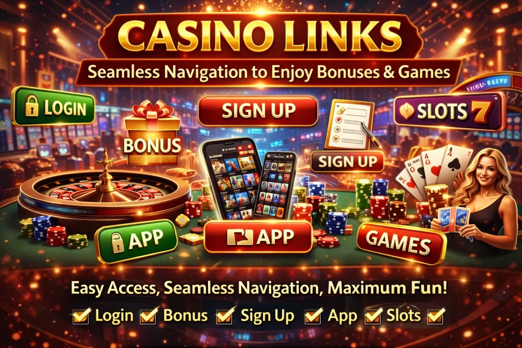 A promotional banner for an online casino showcasing key navigation links such as Login, Bonus, Sign Up, App, Slots, and Games. The banner is designed with vibrant colors and includes clickable buttons for easy access to these sections, with a casino-themed backdrop featuring roulette and poker tables.