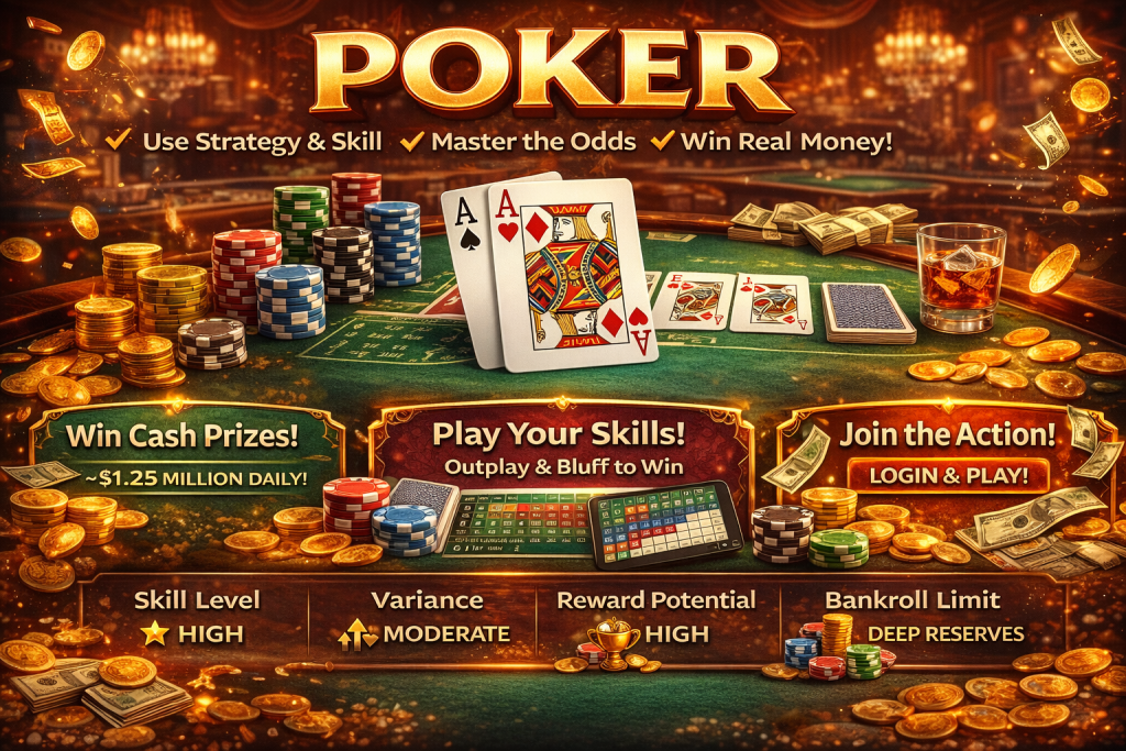 Online poker promotional banner featuring a premium casino table with aces, stacked chips, golden lighting, and bold “Poker” headline in a luxury gaming atmosphere.