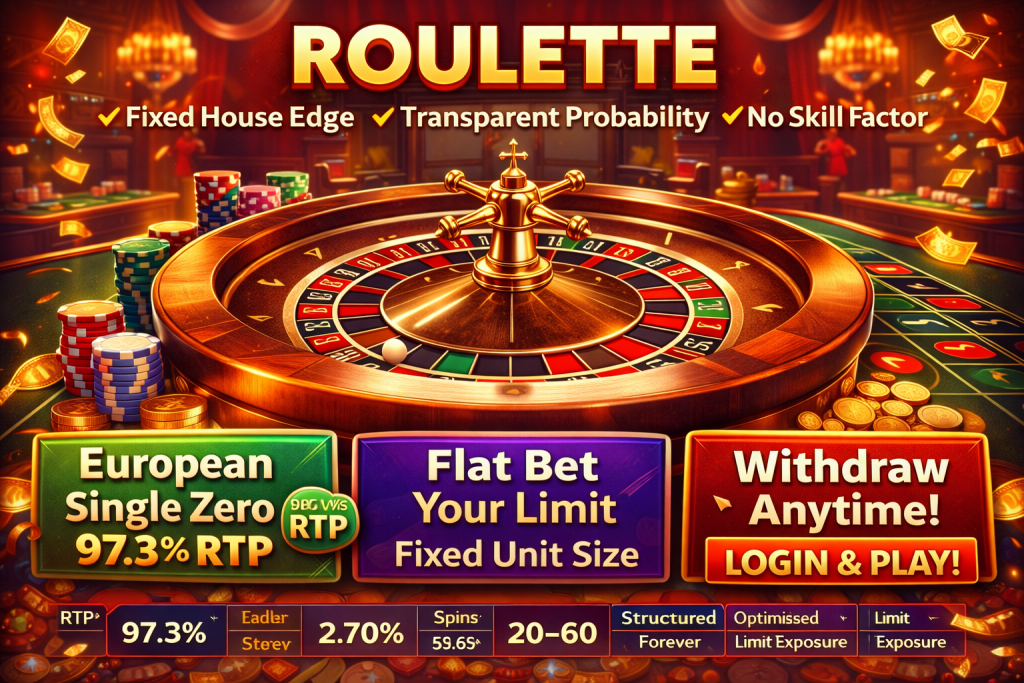 Online roulette promotional banner featuring a luxury golden roulette wheel, casino chips, warm red lighting, and bold “Roulette” headline in a premium casino setting.