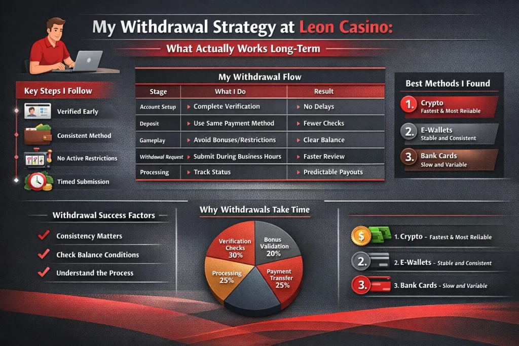Leon Casino withdrawal strategy infographic showing verification steps, payment methods comparison, and withdrawal timeline process for online casino payouts