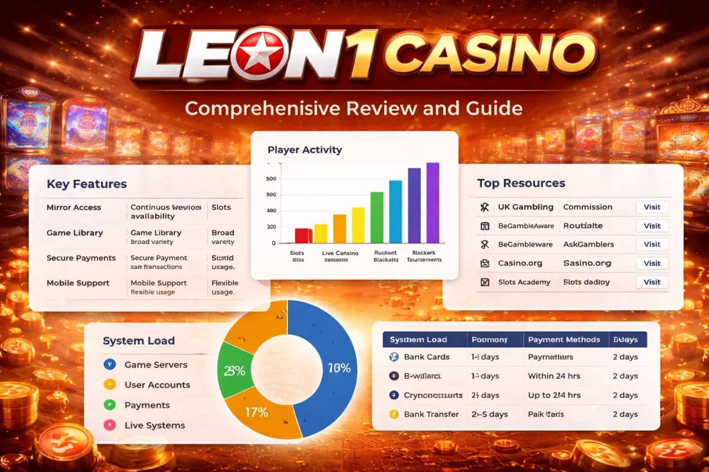 Leon Casino withdrawal guide infographic showing payment methods, processing times, verification steps, and a pie chart of popular payout options