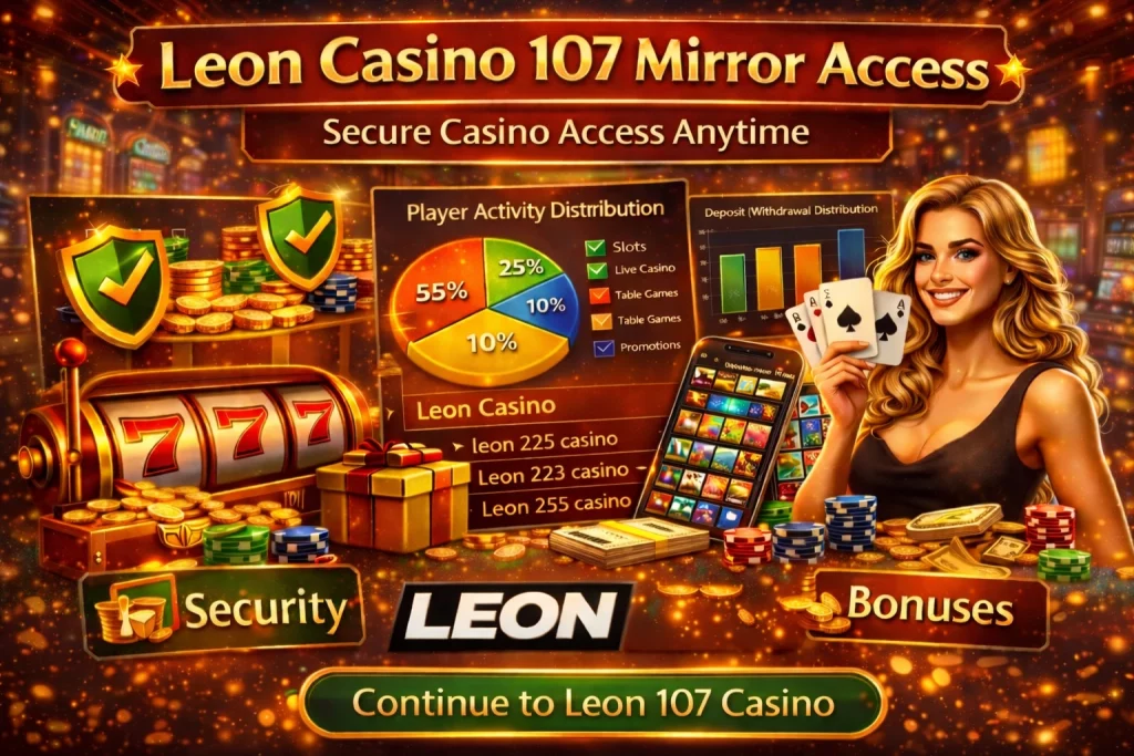 Leon Casino 107 mirror access banner showing slot machine, casino chips, mobile casino interface and player holding cards promoting secure Leon 107 casino gameplay.