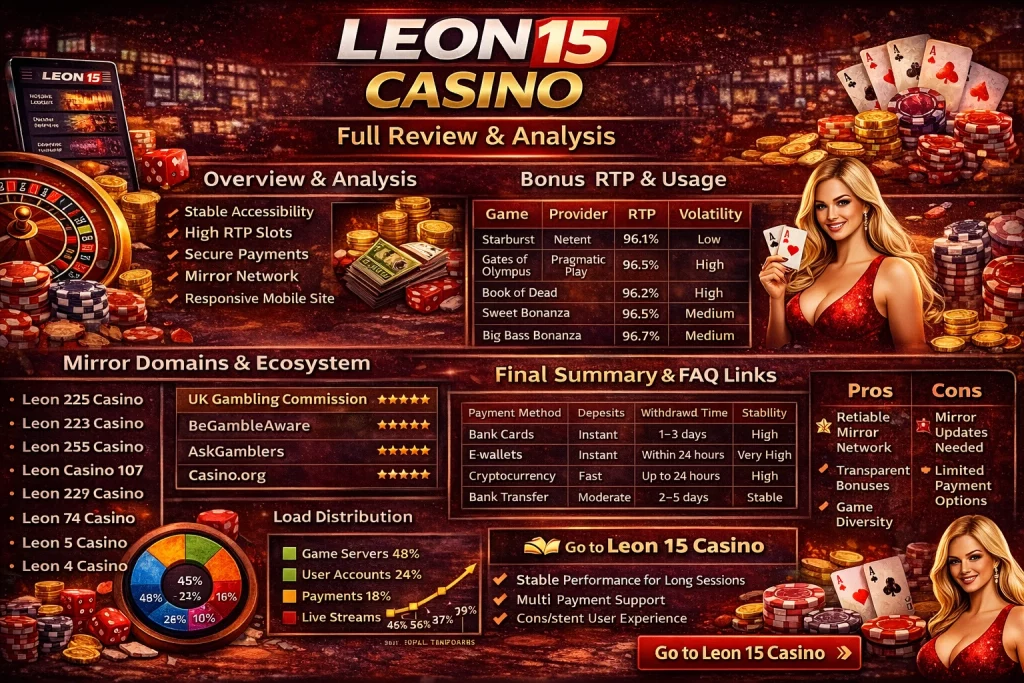Leon 15 Casino horizontal infographic showing bonus RTP table, player activity chart, mirror domains list, payment methods, load distribution, and platform pros and cons analysis