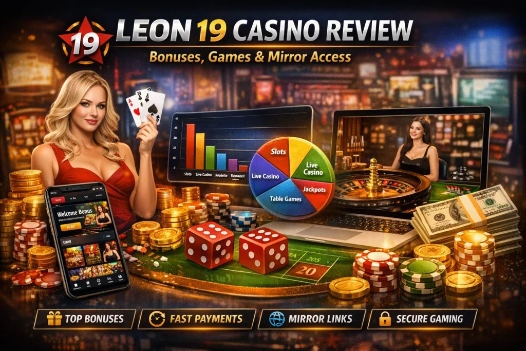 Leon 19 Casino banner with bonuses, slots, live games and mobile casino interface
