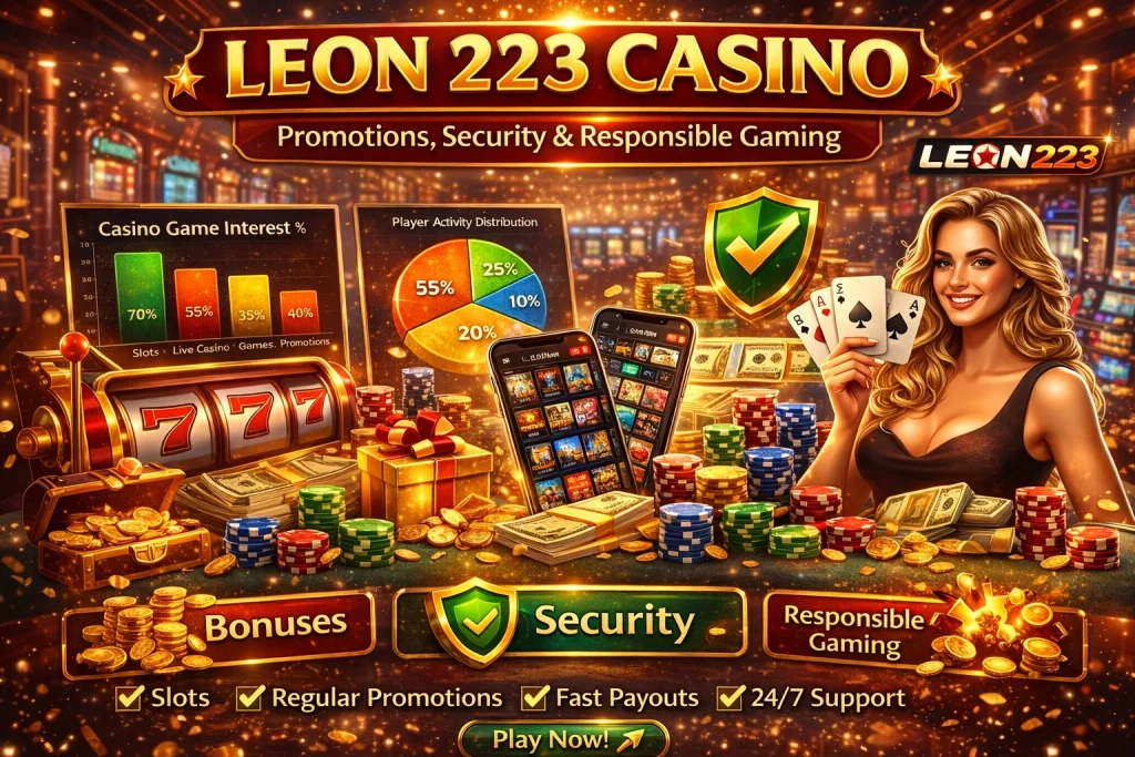 Leon 223 Casino promotional banner with slot machine, casino chips, playing cards and mobile casino games interface.