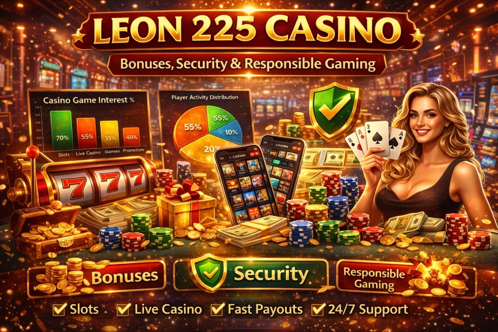 Leon 225 Casino online platform banner with slot machine, casino chips, playing cards and mobile casino app interface.