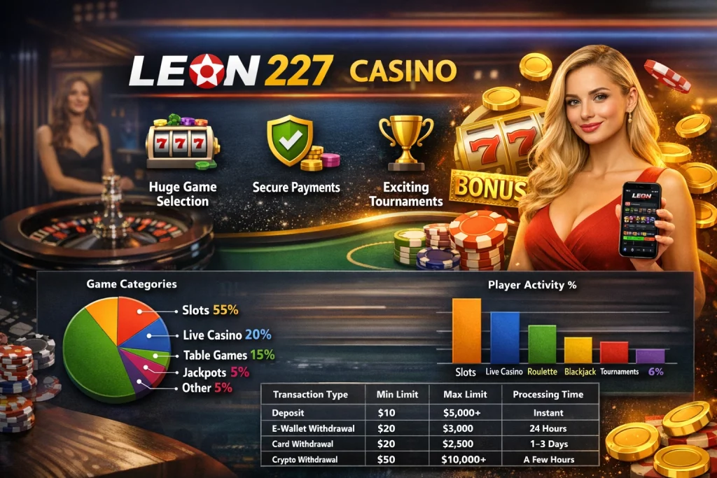 Leon 227 Casino platform interface with slots, live games, bonuses and mobile casino app access
