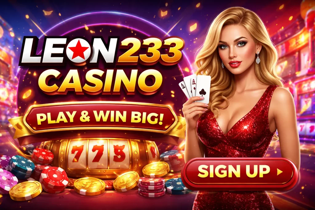 Leon 233 Casino horizontal banner showing slot machines, bonus offers, payment methods, mirror domains network, and real-time gameplay analytics charts