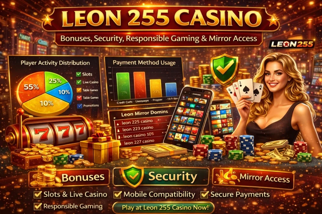 Leon 255 Casino promotional banner with slot machine, casino chips, mobile casino games, and bonus features illustration