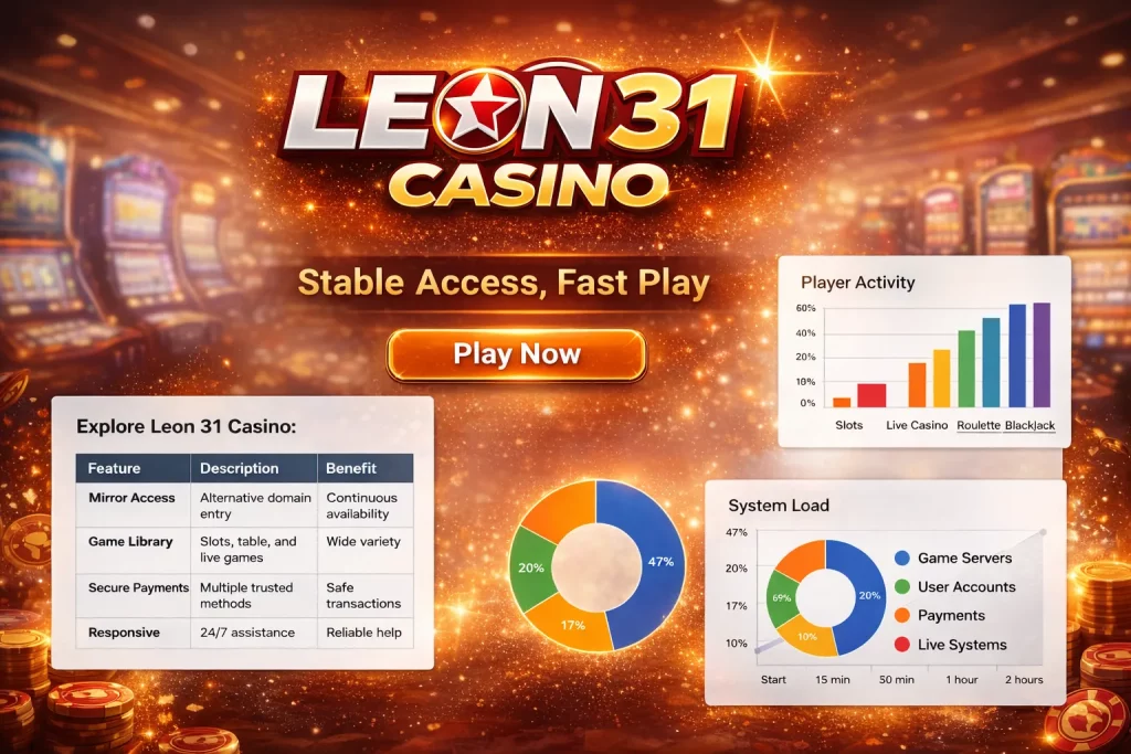 Leon 31 Casino infographic with platform feature tables, player activity chart, mirror comparison table, payment methods overview, system load chart, and engagement graph