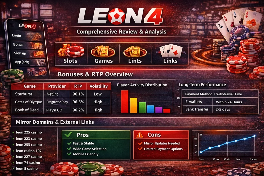 Leon 4 Casino horizontal infographic showing bonus RTP table, player activity chart, mirror domains list, payment methods, and platform pros and cons analysis