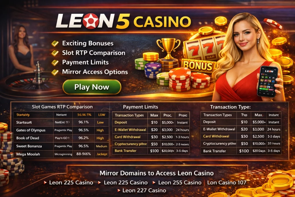 Leon 5 Casino banner with slot machines, chips, bonuses and mobile casino app interface