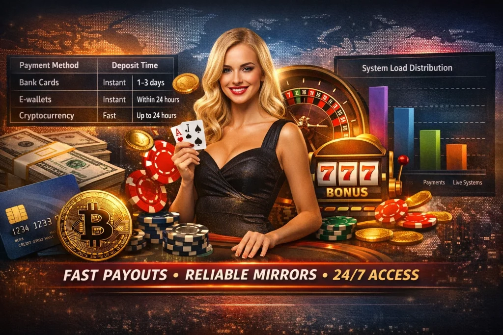 Leon 72 Casino horizontal banner showing payment methods, casino games, slot machine bonus, mirror system chart, and fast payouts with 24/7 access
