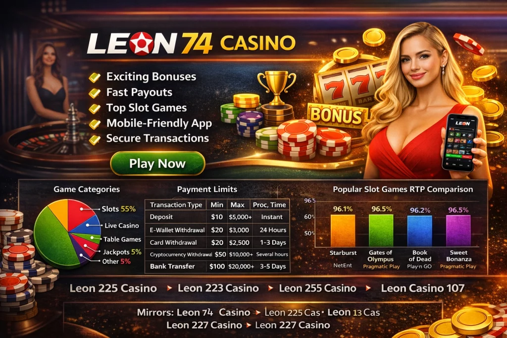 Leon 74 Casino banner with slots, bonus offers, mobile casino app, and online gaming interface
