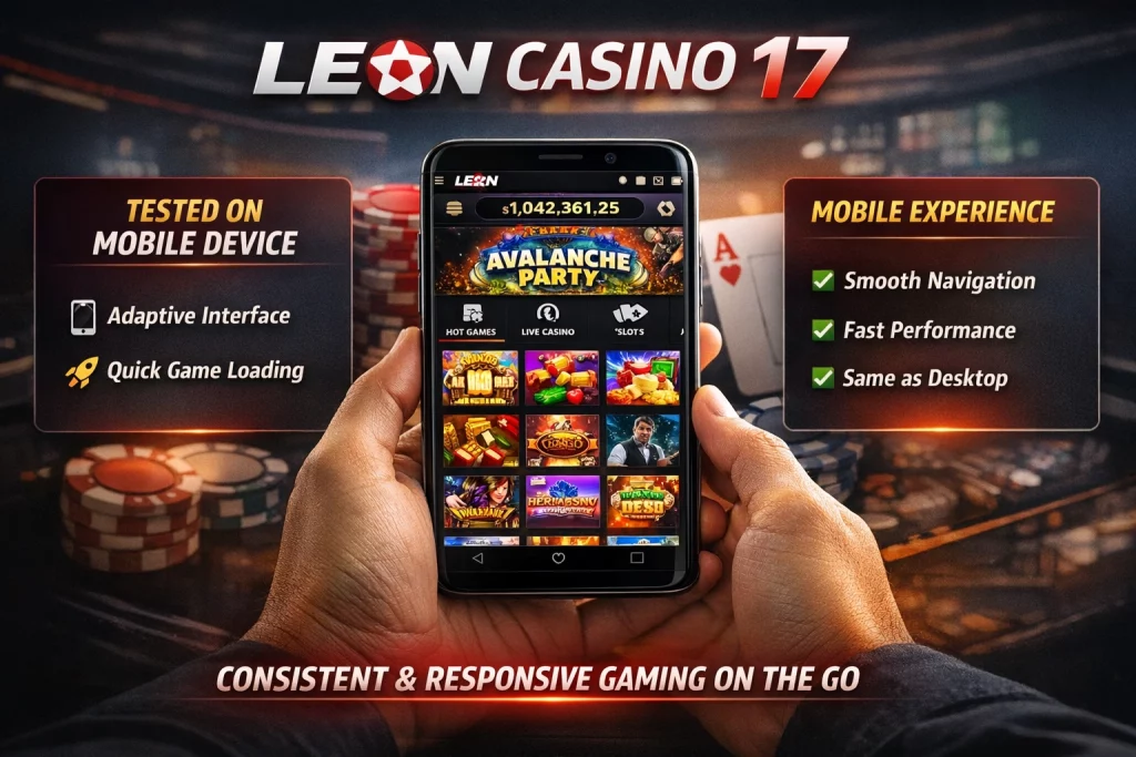 Leon Casino 17 mobile gameplay banner showing smartphone casino interface, fast loading games and smooth navigation