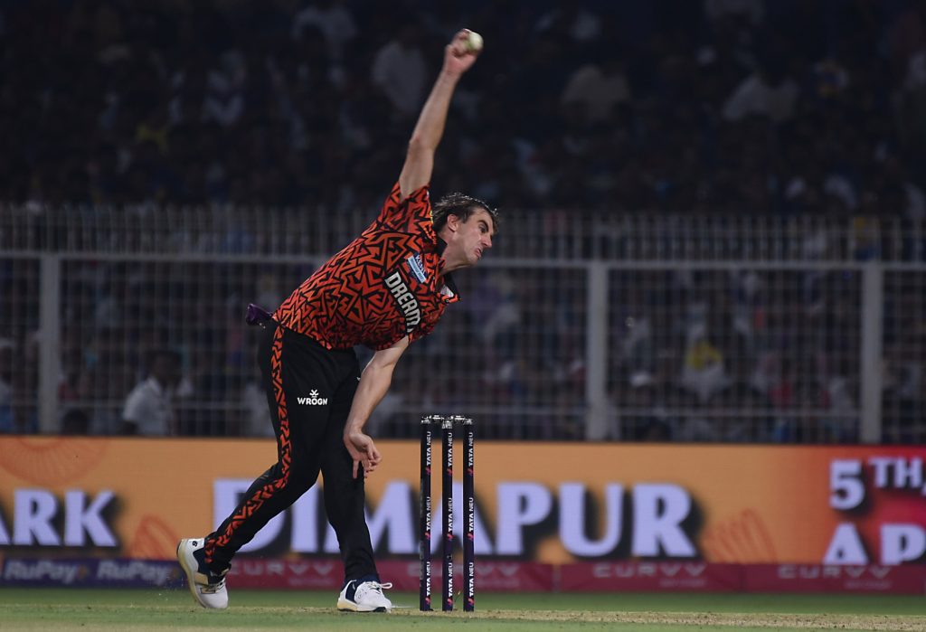 Sunrisers Hyderabad's captain Pat Cummins participates in the Indian Premier League (IPL) Twenty20 cricket match between Kolkata Knight Riders and Sunrisers Hyderabad at the Eden Gardens in Kolkata, India, on April 3, 2025. (Photo by Debajyoti Chakraborty/NurPhoto via Getty Images)