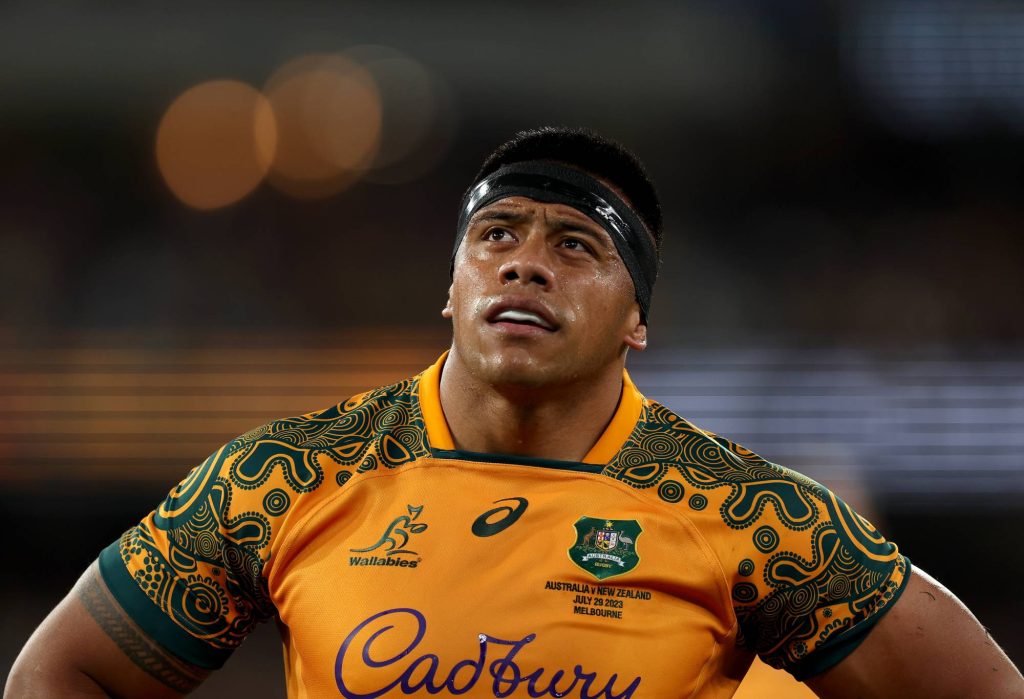 Allan Alaalatoa of the Wallabies looks on during the The Rugby Championship & Bledisloe Cup match between the Australia Wallabies and the New Zealand All Blacks at Melbourne Cricket Ground on July 29, 2023 in Melbourne, Australia. (Photo by Cameron Spencer/Getty Images)