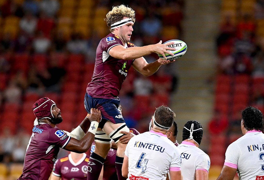 Angus Scott-Young of the Reds competes at the lineout
