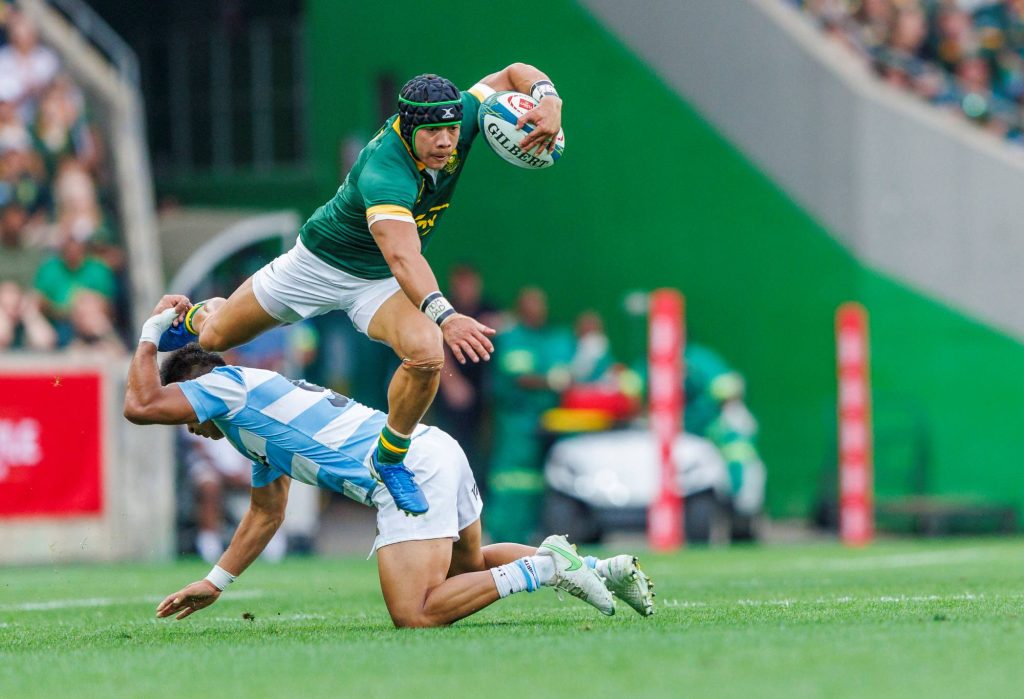 Cheslin Kolbe of the Springboks in action during the Rugby Championship 2024 match between South Africa Springboks and Argentina Pumas at Mbombela Stadium on September 28, 2024 in Nelspruit, South Africa. (Photo by Dirk Kotze/Gallo Images/Getty Images)