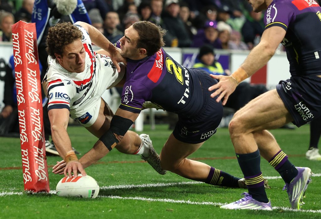 MELBOURNE, AUSTRALIA - AUGUST 29: Mark Nawaqanitawase of the Roosters scores a try during the round 26 NRL match between the Melbourne Storm and Sydney Roosters at AAMI Park on August 29, 2025, in Melbourne, Australia. (Photo by Robert Cianflone/Getty Images)