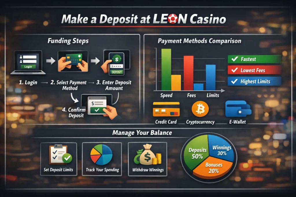 Leon Casino deposit workflow infographic showing step-by-step funding process, payment method comparison, and balance management strategy for online casino deposits