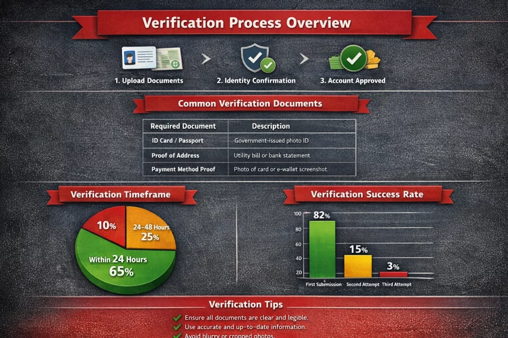 Infographic outlining the Leon Casino account verification process, including document requirements, verification timeframe, success rates, and tips for quick approval.