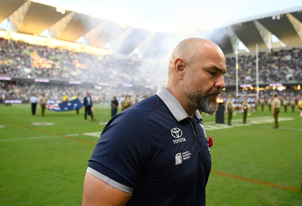 TOWNSVILLE, AUSTRALIA - APRIL 26: Cowboys coach Todd Payten walks from the field before the start of the round eight NRL match between North Queensland Cowboys and Gold Coast Titans at Queensland Country Bank Stadium, on April 26, 2025, in Townsville, Australia. (Photo by Ian Hitchcock/Getty Images)