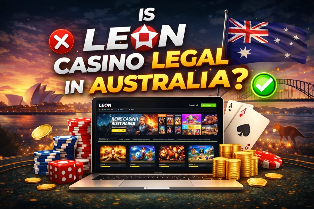 Leon Casino legality in Australia banner featuring Sydney Opera House, Harbour Bridge, casino chips, cards, coins, and a green checkmark indicating trust and safe gameplay for international players