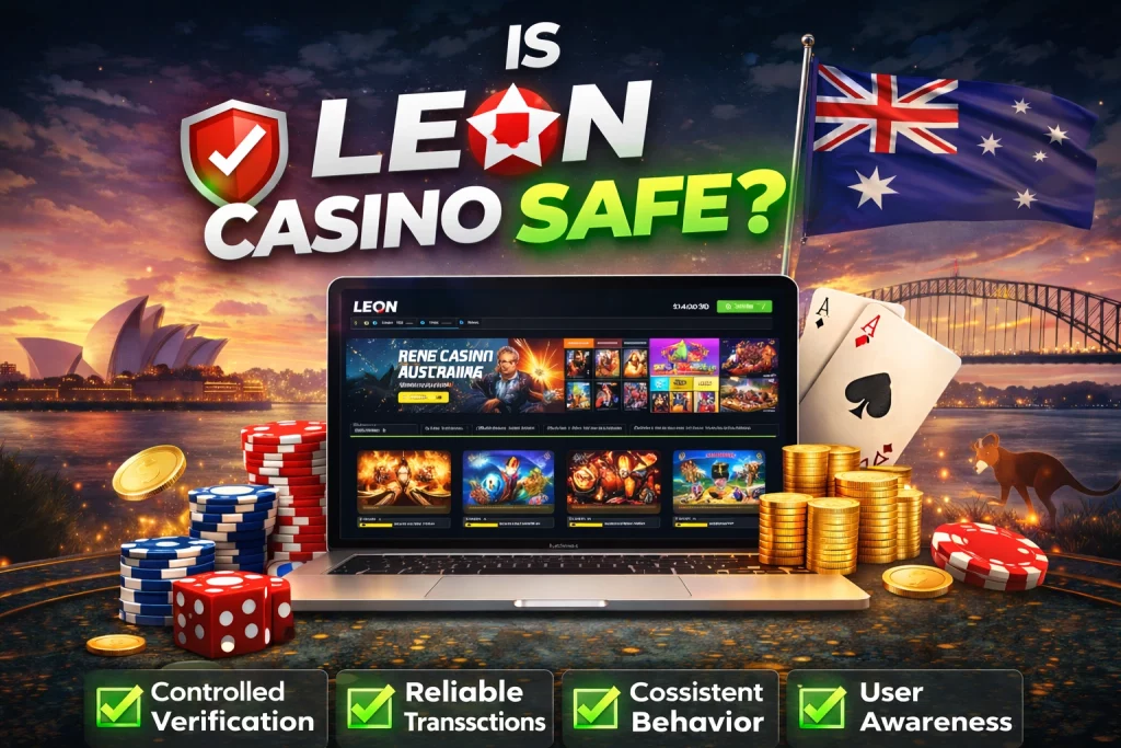 Leon Casino safety banner showing Australian skyline, casino chips, laptop with platform interface, and green security checkmarks representing safe gameplay and reliable transactions