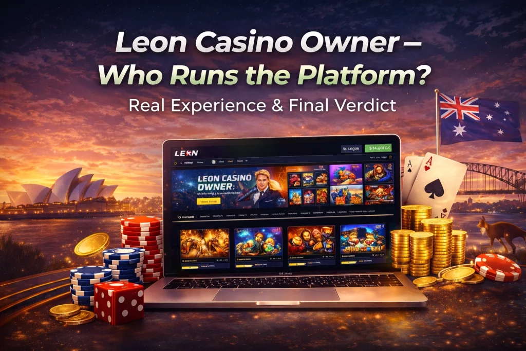 Leon Casino owner banner showing laptop with casino interface, poker chips, coins, playing cards, and Australian skyline background with headline about platform ownership and real experience