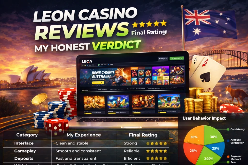 Leon Casino reviews banner featuring laptop with casino interface, poker chips, coins, playing cards, Australian skyline, and rating elements highlighting gameplay, deposits, and withdrawals